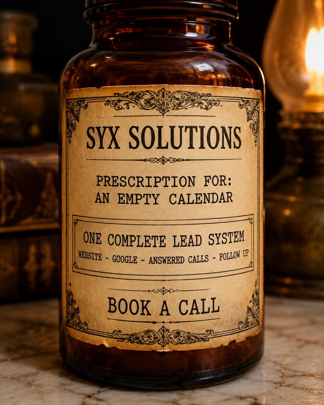 Apothecary bottle ad: SyX Solutions, prescription for an empty calendar