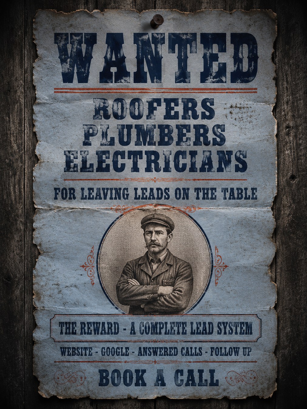Wanted poster ad aimed at roofers, plumbers and electricians