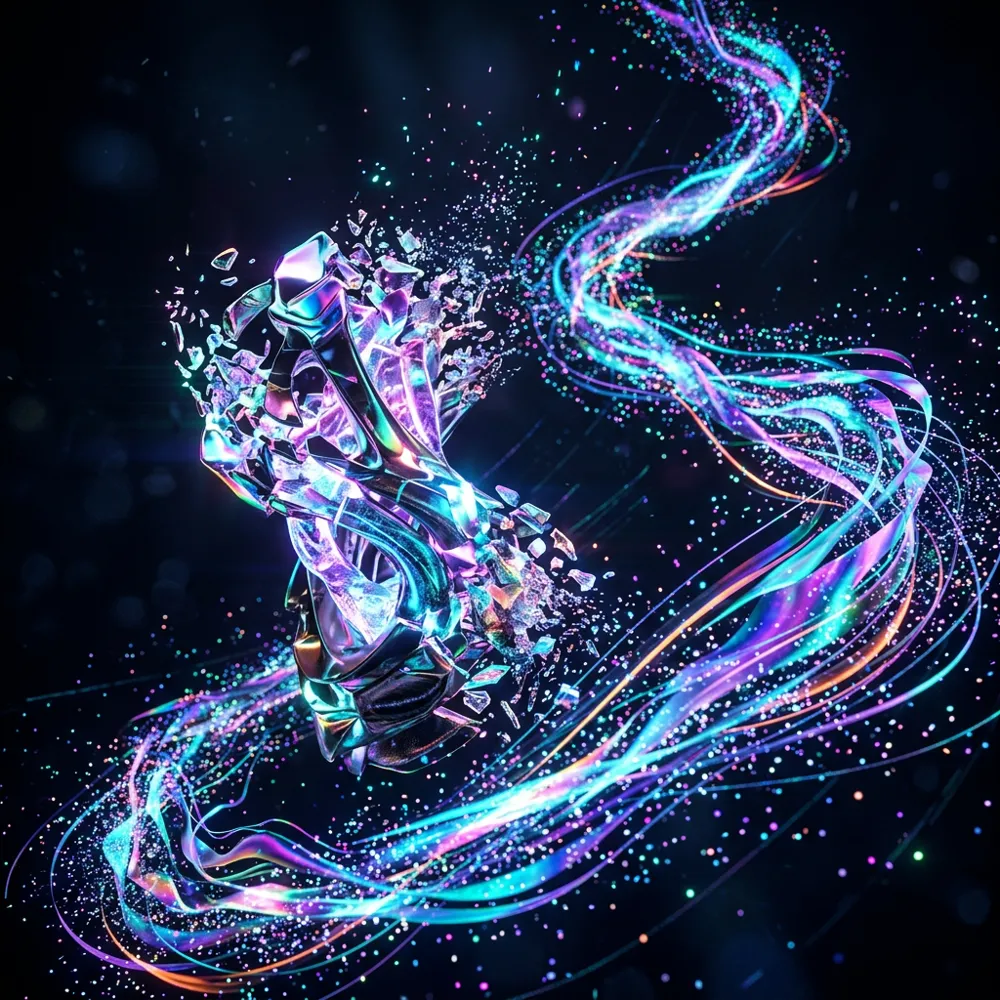 Abstract concept art of a crystal form wrapped in ribbons of light