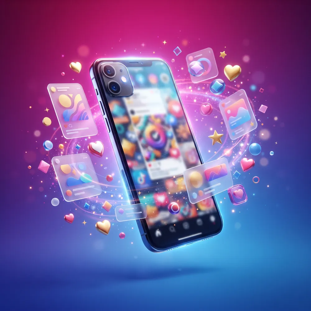 Concept art of a phone surrounded by floating social media cards
