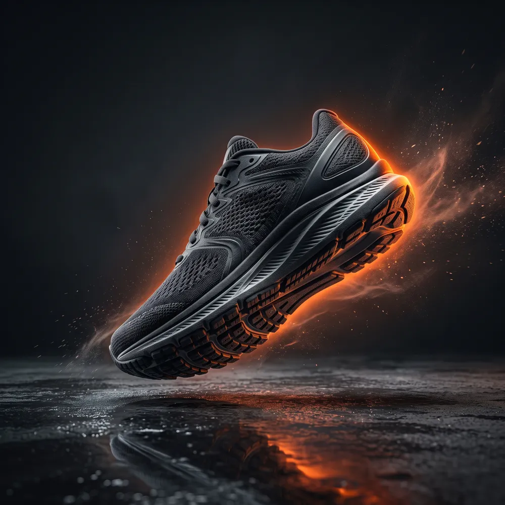Concept still of a black running shoe with orange light trails on a wet surface